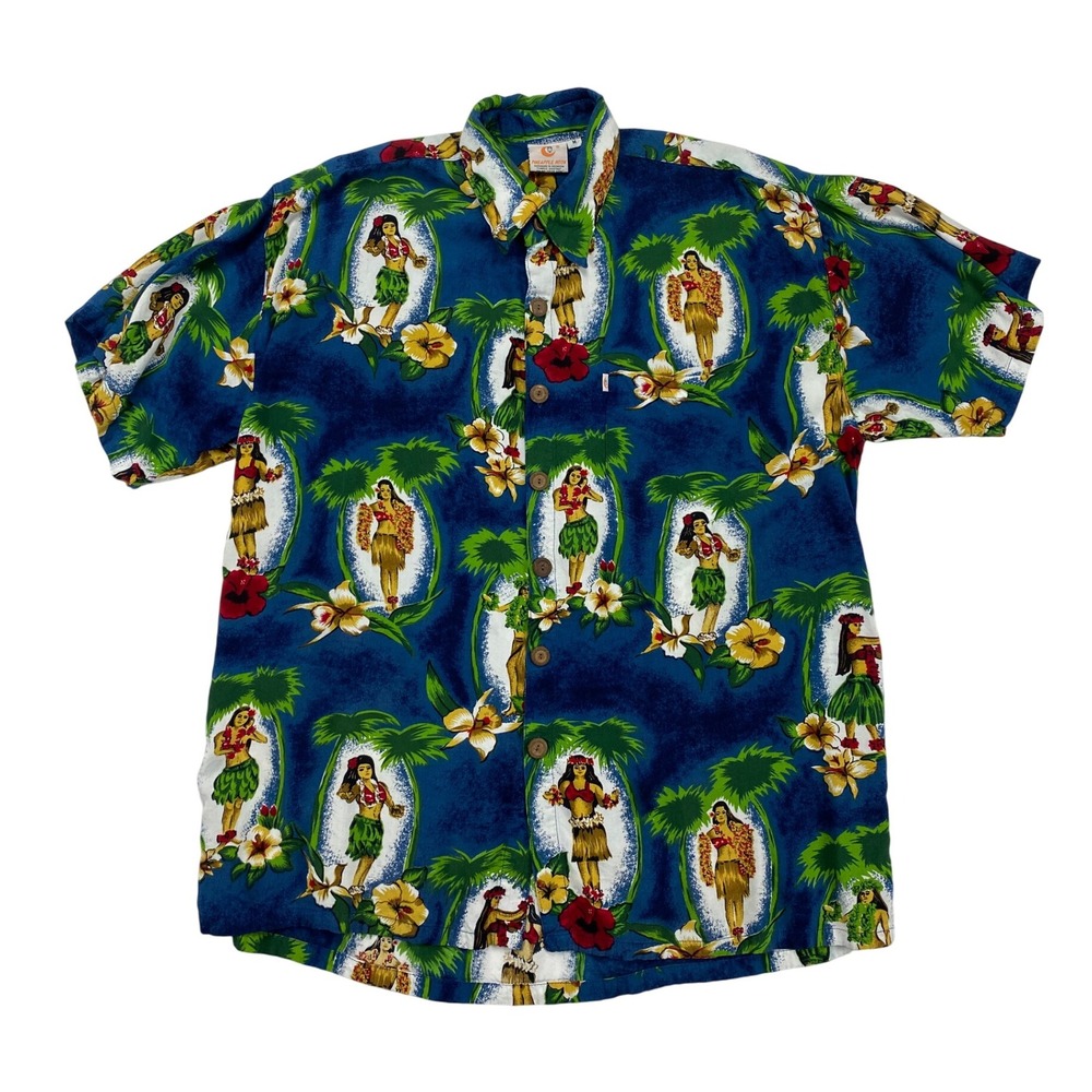 Vtg Pineapple Moon Hawaiian Shirt Mens Sz‎ Medium Hula Girl Floral Print Button